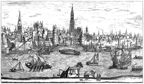 ilustrações de stock, clip art, desenhos animados e ícones de port of antwerp, 16th century - antuerpia