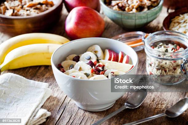 Healthy Yogurt With Cereal And Fruits Stock Photo - Download Image Now - Almond, Apple - Fruit, Banana