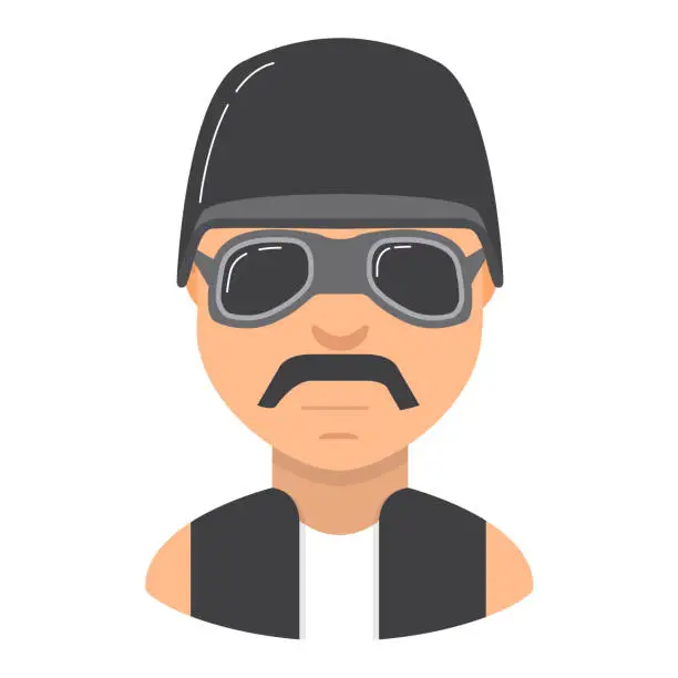 Vector illustration of The young man with moustaches and in sunglasses. Biker motorcycle protective old-style. Character young person. In flat style a vector.