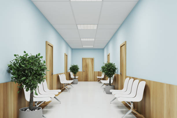 istock Blue and wooden hospital lobby 897385176
