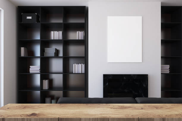 istock White living room, fireplace and bookcases 897390880