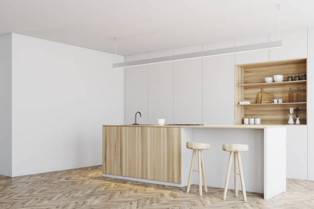 istock White kitchen, wooden bar stand corner 897392346