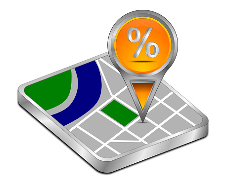 orange map pointer with discount symbol - 3D illustration