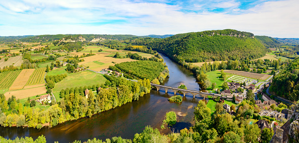 View from Castelnaud Village to the Dordogne Valley,  Castelnaud Village and Chateau Beynac-et-Cazenac on the bank of the river Dordogne in southern France