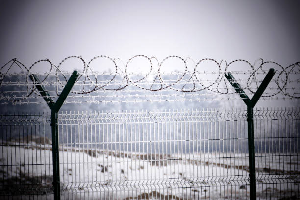 istock Barb wire fence at the cold winter day 897409482