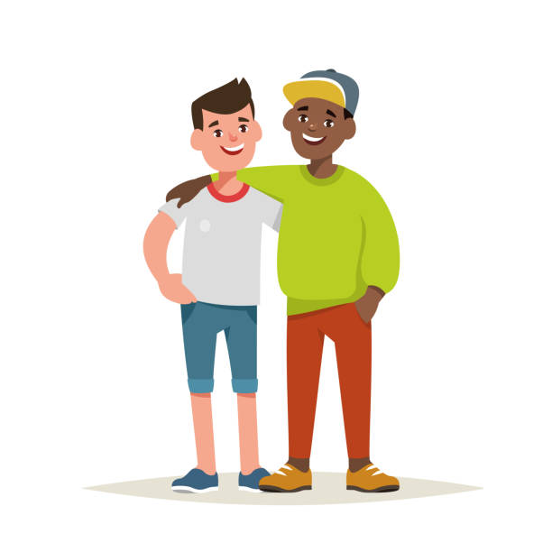 Vector Illustration Of Couple Boy Friends Isolated Stock Illustration -  Download Image Now - Friendship, Embracing, Teenage Boys - iStock