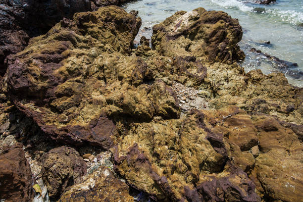 Rocks on tropical beach showing volcanic origins, and detailed colours and textures from millions of years of weathering.\