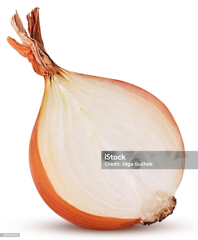 Yellow onion bulb cut in half Yellow onion bulb cut in half isolated on white background. Clipping Path. Full depth of field. Onion Stock Photo