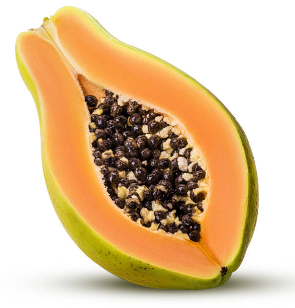 Sweet papaya three quarters Sweet papaya three quarters isolated on white background. Clipping Path. Full depth of field. papaya stock pictures, royalty-free photos & images