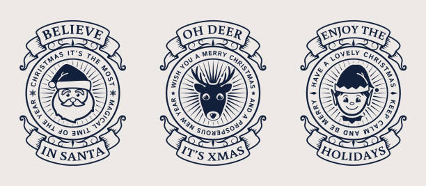Christmas emblems with Santa, Elf and deer. Christmas emblems with Santa, Elf and deer. Set of elegant typography badges for postcards, gift tags, print on holiday souvenirs or web page decor. Vector illustration. santas helpers stock illustrations