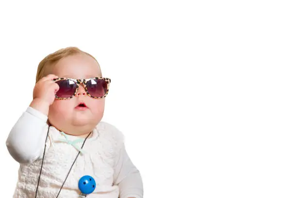 Funny photo of a little girl wearing sunglasses