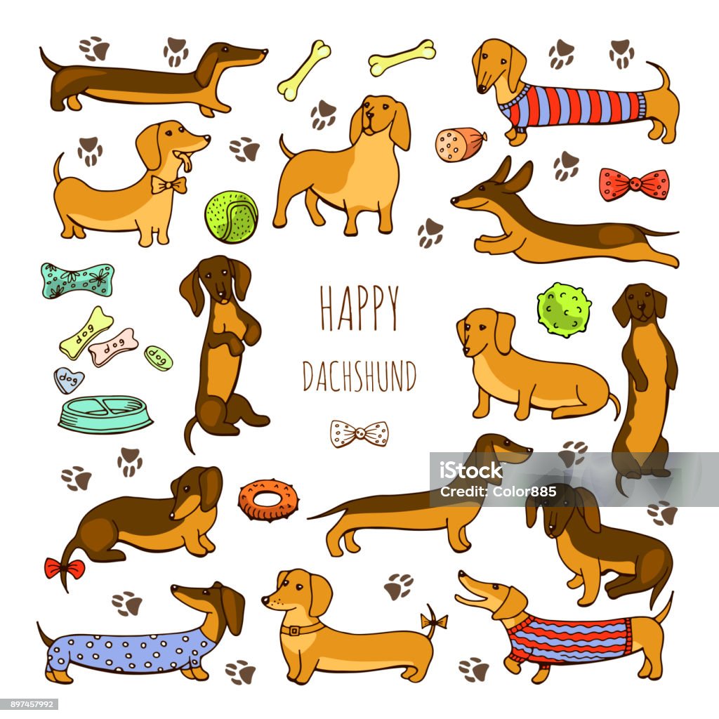 Set of dog dachshund illustrations cute cartoon illustrations of a happy playful dog Dachshund stock illustration