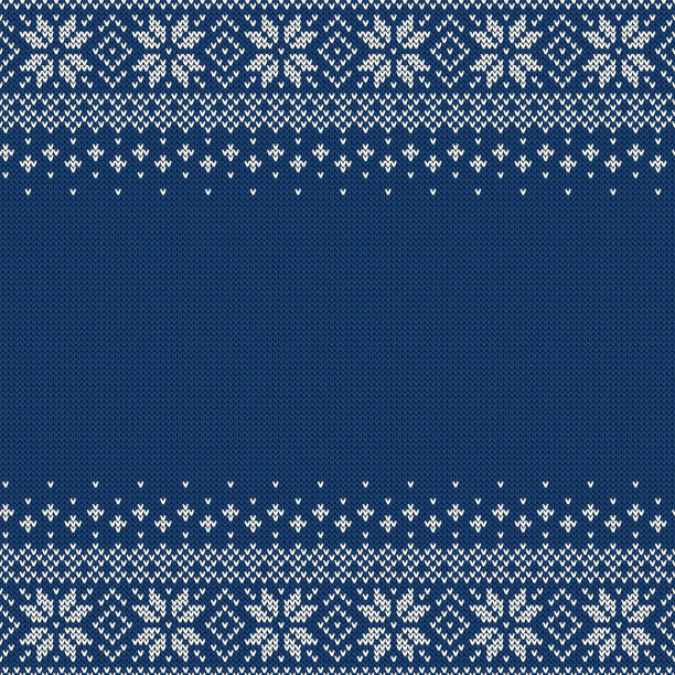 Knitted seamless background with copyspace. Knitted seamless background with copyspace. Blue and white sweater pattern for Christmas or winter design. Traditional scandinavian ornament with place for text. Vector illustration. snowflake shape designs stock illustrations