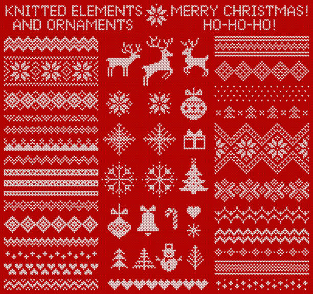 Knitted elements and borders. Vector set. Knitted elements and borders for Christmas, New Year or winter design. Sweater ornaments for scandinavian pattern. Vector illustration. christmas sweater stock illustrations