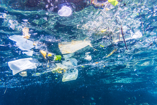 Tema ambiental: Imagen submarina de plástico en el océano photo