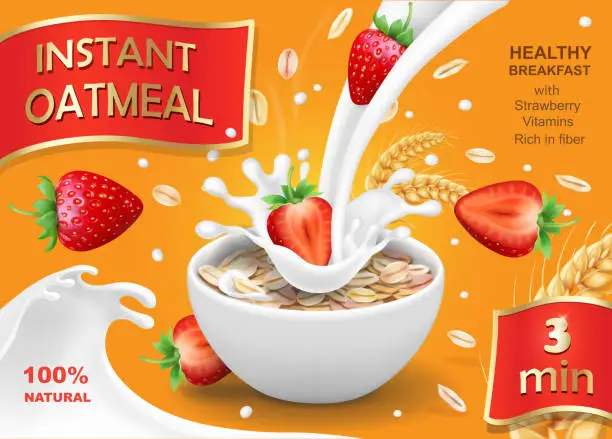 Vector illustration of Oatmeal and strawberry. Oat grains, flakes and milk splashes. Realistic vector, package design