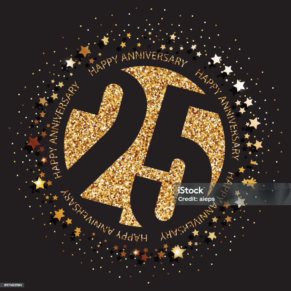 25 years anniversary banner. 25th anniversary gold  on dark background. Vector illustration. Number 25 stock vector