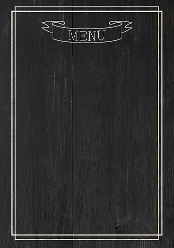 Design concept for restaurant menu mockup. Black rustic wooden board with white inscription, top view, copy space for text and logo