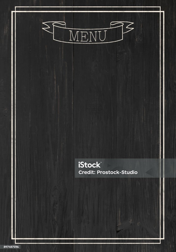 Black board as mockup for restaurant menu Design concept for restaurant menu mockup. Black rustic wooden board with white inscription, top view, copy space for text and logo Menu Stock Photo