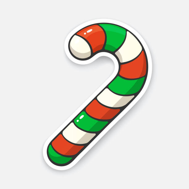 aufkleber christmas candy cane mit roten und grünen streifen mit kontur - peppermint candy stick striped stock-grafiken, -clipart, -cartoons und -symbole