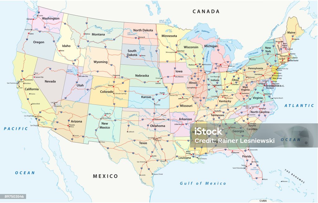 uns interstate-Highway und Verwaltungskarte - Lizenzfrei Karte - Navigationsinstrument Vektorgrafik
