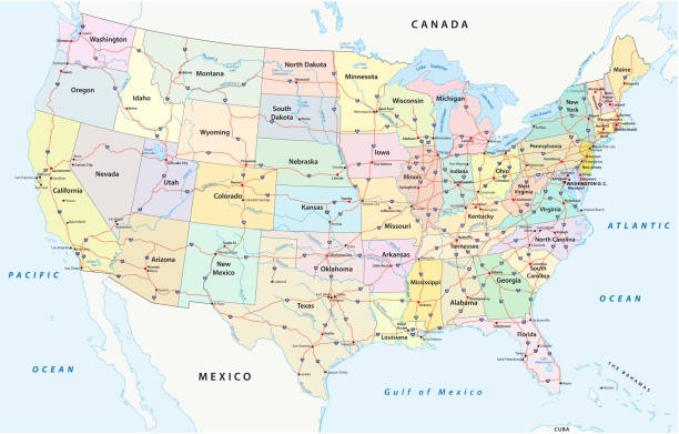 us interstate highway and administrative map us interstate highway, administrative and political vectormap western usa stock illustrations