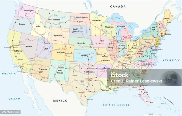 Us Interstate Highway And Administrative Map Stock Illustration - Download Image Now - Map, USA, Highway
