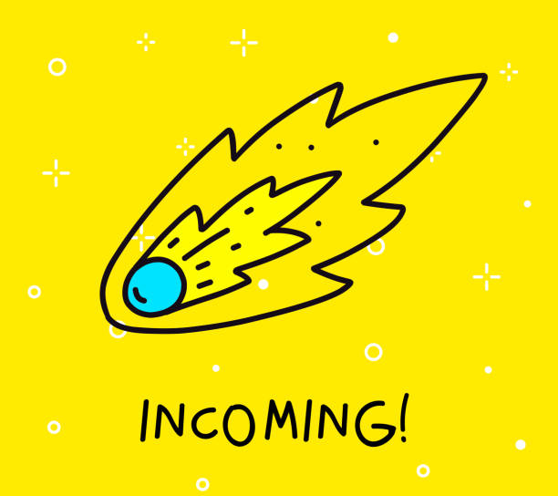wektorowa ilustracja koloru spadającej płonącej okrągłej asteroidy. obiekt z kreskówek kosmicznych na żółtym tle. - post apocalyptic stock illustrations