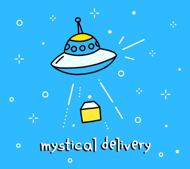 Vector Color Illustration Of Flying Saucer Abducts Parcel Space Cartoon  Object On Blue Sky Background With Text Stock Illustration - Download Image  Now - iStock