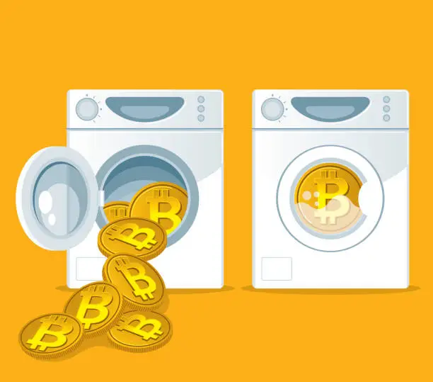 Vector illustration of Laundering of Bitcoin in washer