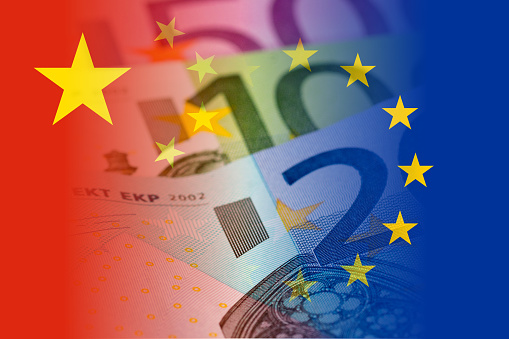 china and eu flags with euro banknotes mixed image