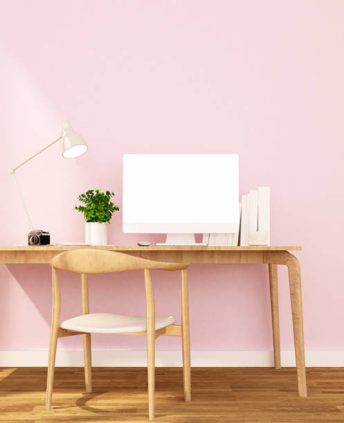 istock workplace and light pink wall in apartment or home on sunshine day- Interior design for artwork - 3D Rendering 897524870