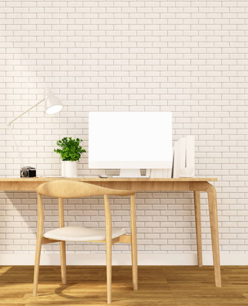 istock workplace and light white brick wall in apartment or home on sunshine day- Interior design for artwork - 3D Rendering 897524876