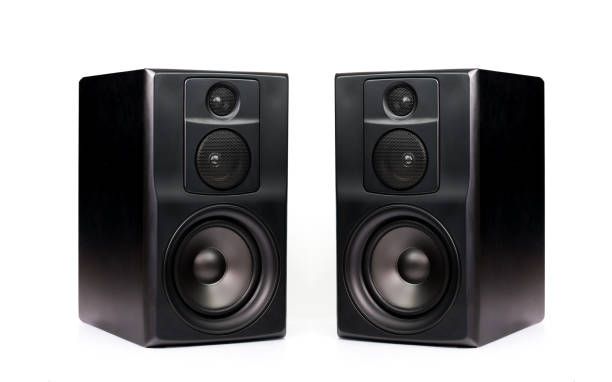 coppia di altoparlanti audio moderni professionali in involucro in legno nero isolato su sfondo bianco - italian music audio foto e immagini stock