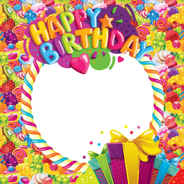 Happy birthday color vector frame. Inscription, gifts and sweet candy. Photo frame birthday photos stock illustrations