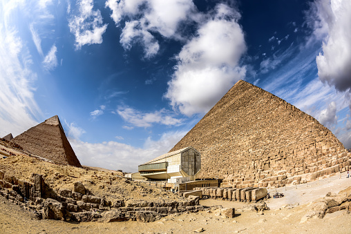 Great Pyramids in Giza, Egypt, photo taken with a fisheye lens on a sunny day in december