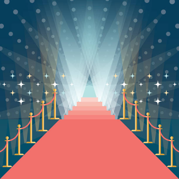 asymmetric red carpet background with staircase in the end vector art illustration