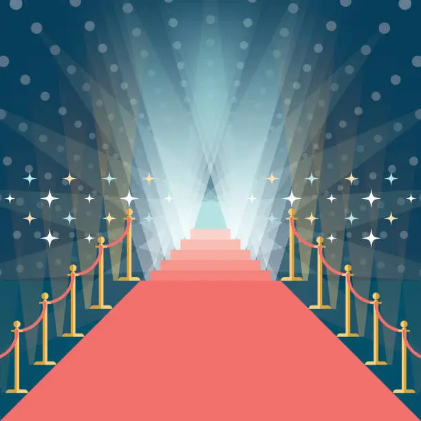 Vector illustration of asymmetric red carpet background with staircase in the end