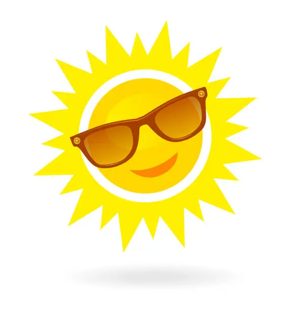Vector illustration of Cheerful, smiling cartoon sun in sunglasses on white background.
