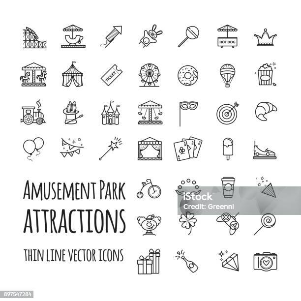 Amusement Park Attraction Vector Icons Set Stock Illustration - Download Image Now - Icon Symbol, Amusement Park, Circus