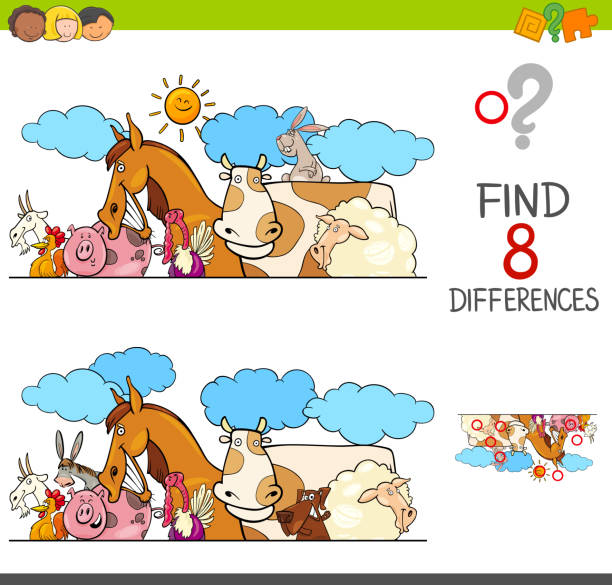 ilustraciones, imágenes clip art, dibujos animados e iconos de stock de juego de las diferencias con el grupo de animales de granja - horse goat child humor