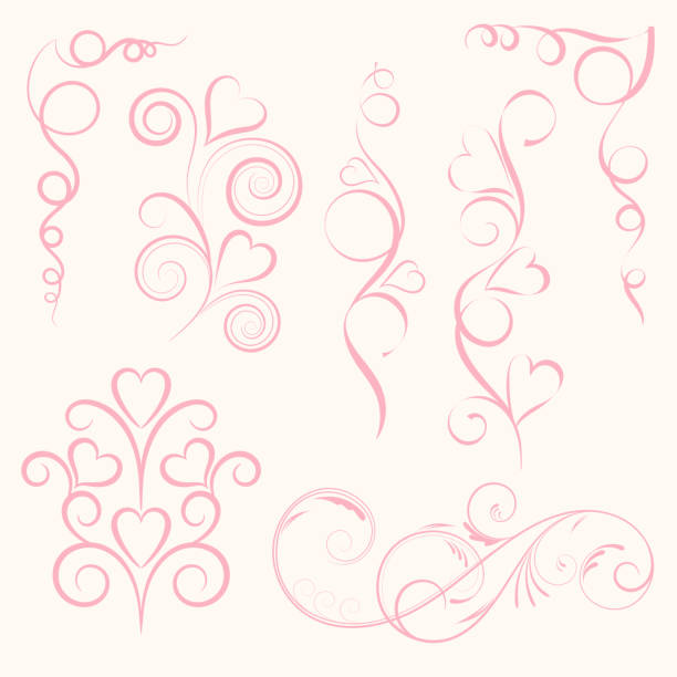 ilustrações, clipart, desenhos animados e ícones de conjunto de redemoinho rosa floral vertical abstrato com coração no fundo rosa. ilustração vetorial para cartão. - ornate swirl heart shape beautiful