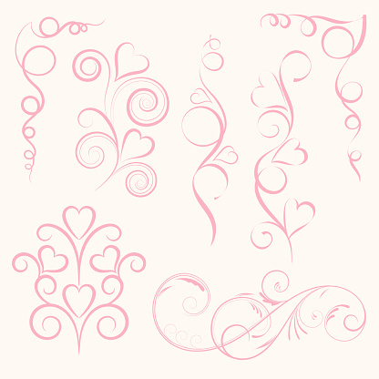 Set of abstract vertical floral pink swirl with heart on pink background. Vector illustration for greeting  card.