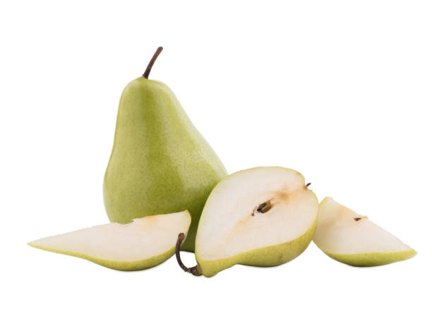 istock Whole and sliced sweet pear. Isolated on white background. 897561690