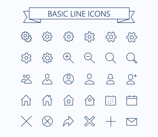 basic-line mini-icons. editierbare schlaganfall. 24 x 24 raster. pixel-perfect.delete,search,home,settings,plus,contacts und nachricht - dacian stock-grafiken, -clipart, -cartoons und -symbole