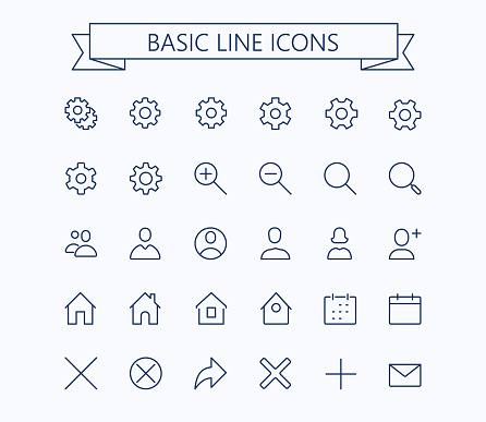 Basic line mini icons.Editable stroke. 24x24 grid. Pixel Perfect.Delete,search,home,settings,plus,contacts and message. eps 10