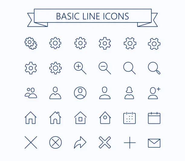 Vector illustration of Basic line mini icons.Editable stroke. 24x24 grid. Pixel Perfect.Delete,search,home,settings,plus,contacts and message