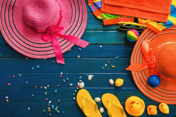 istock Set of summer object on blue wooden for background, Object summer concept on plank 897569814