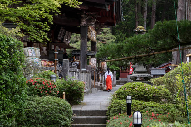 miko, fille de sanctuaire, passe par le sanctuaire sengen fujiyoshida dans la ville de fujiyoshida - shintoïsme photos et images de collection