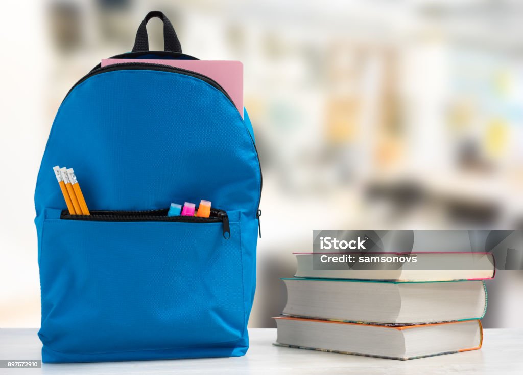 Backpack school Backpack with school supplies Backpack Stock Photo